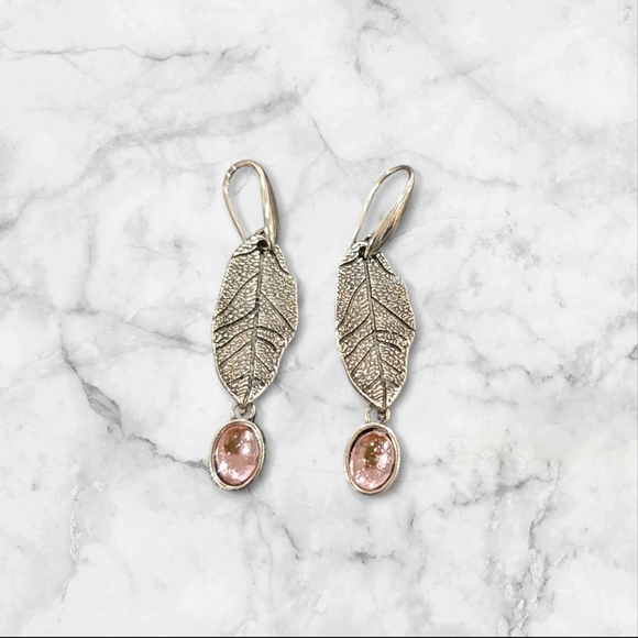Pink Gemstone Silver Leaf Earrings - Picture 1 of 2